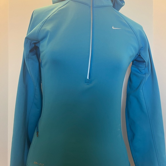 Nike Dri-Fit Hooded Pull Over Ladiesx XS teal, thumb holes 1/4 zipper - Picture 3 of 11